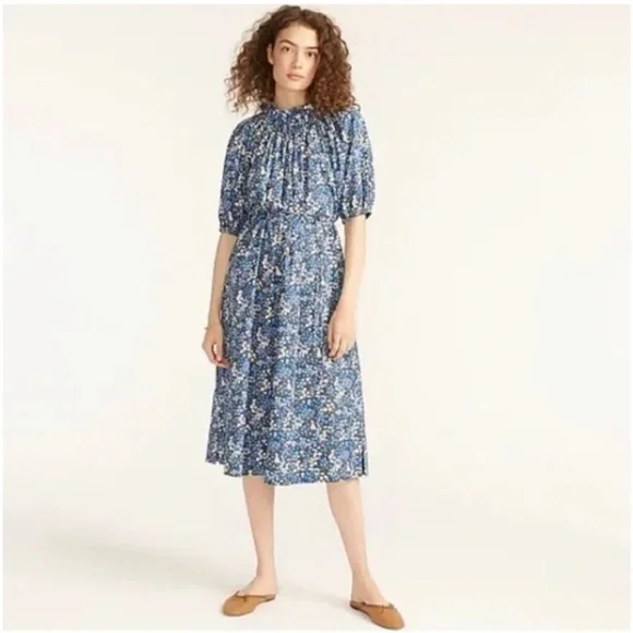 J Crew Liberty Sea Blossoms Blue Floral Smocked Neck Puff Sleeves Dress Size S - Picture 3 of 3